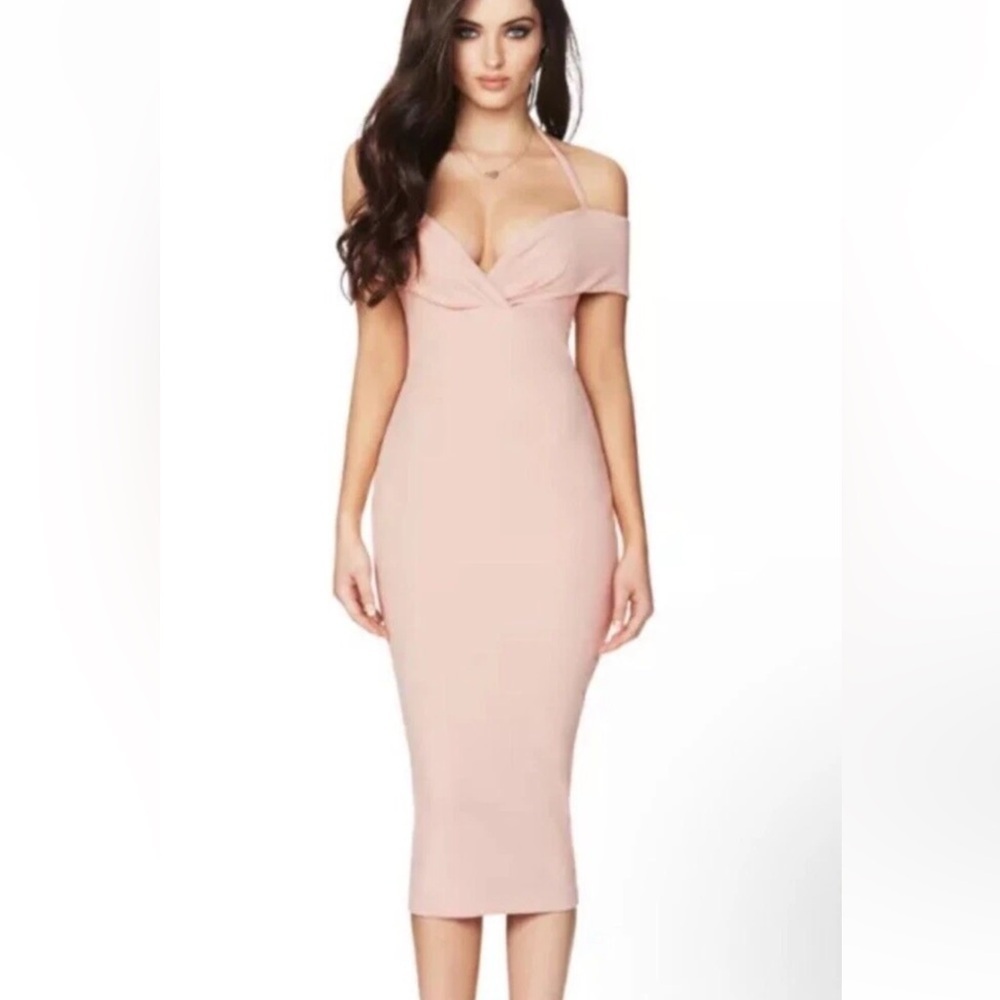 Revolve NOOKIE Athena Off Shoulder Halter Midi Dress Blush Pink
